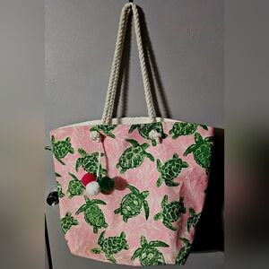Tommy Bahama beach tote bag with turtles & starfish in pink/green/cream XXL